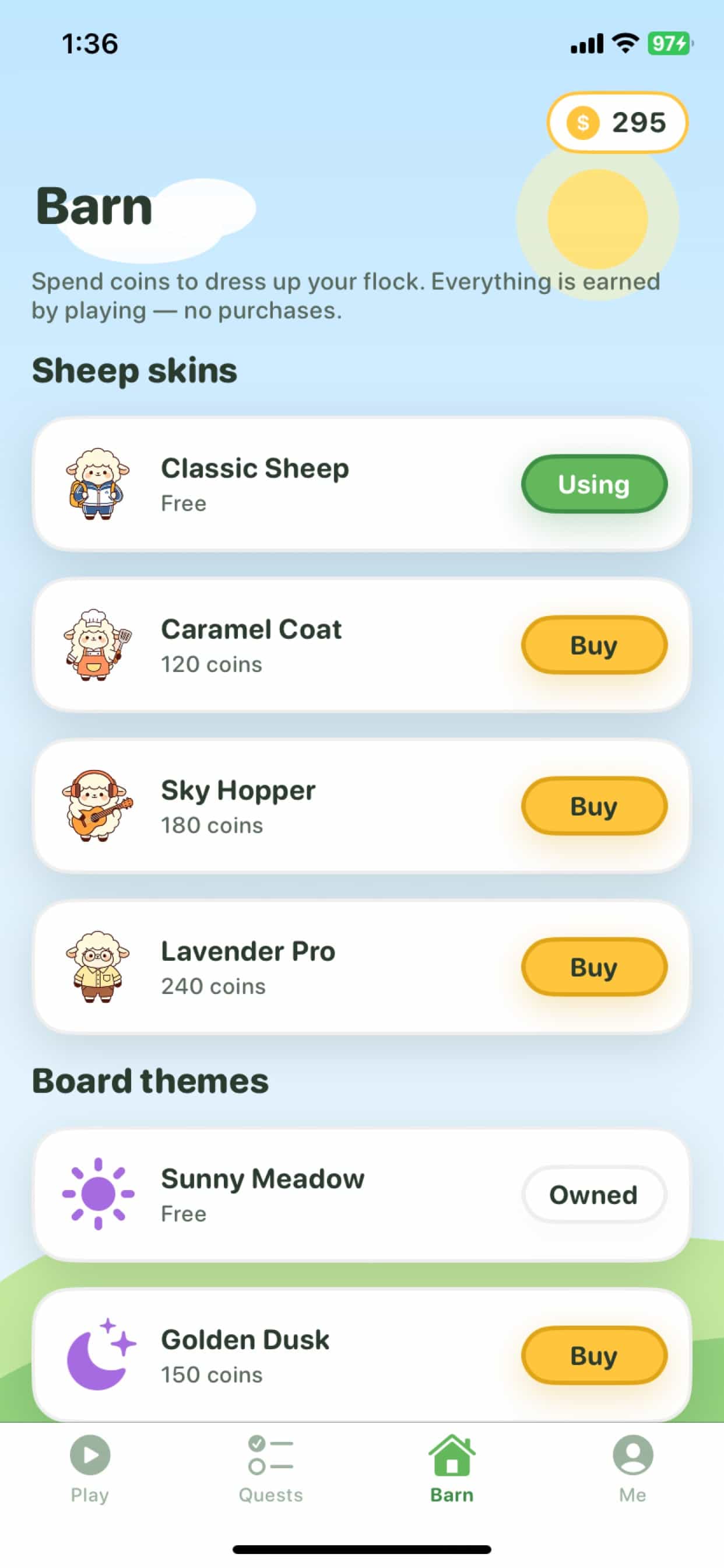 Barn shop — unlock sheep skins and board themes