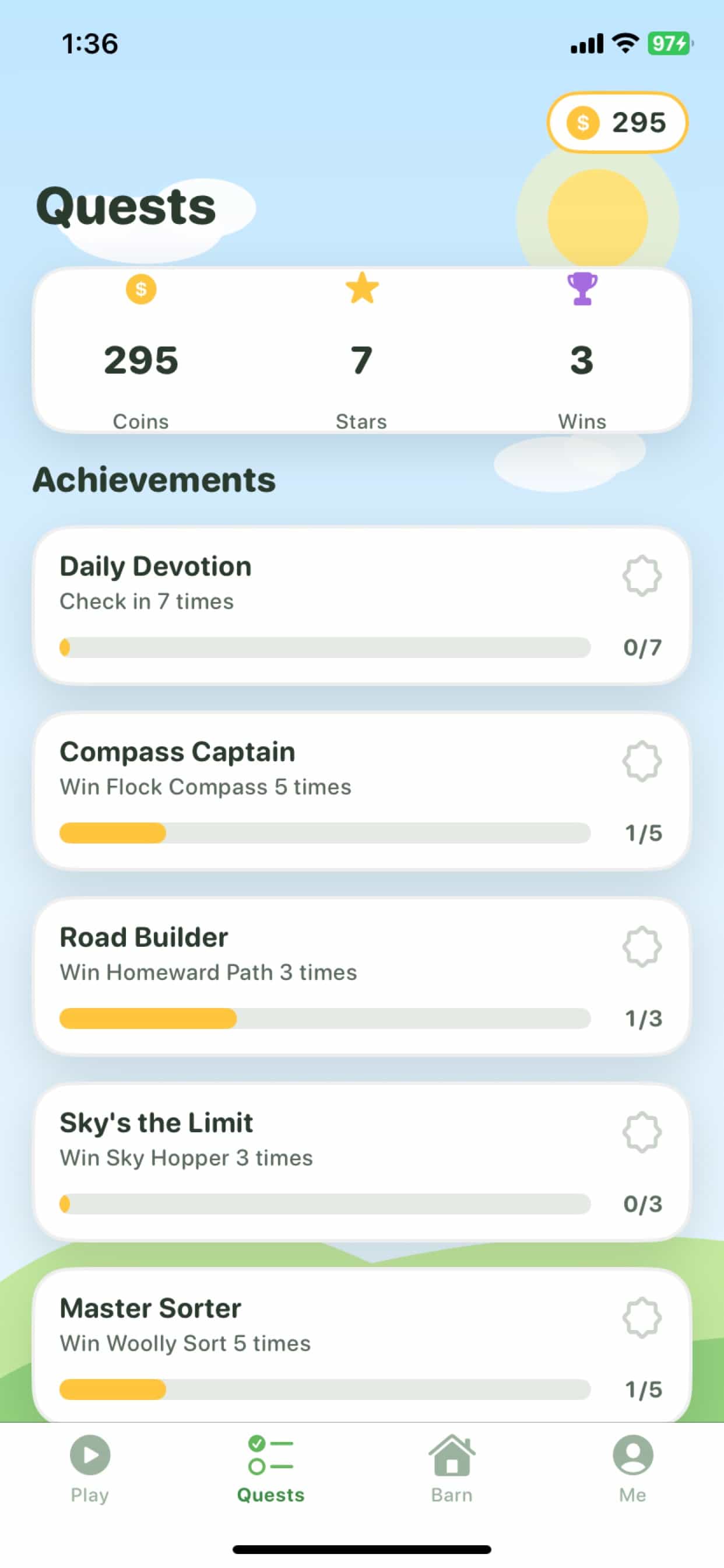 Quests and achievements progress screen